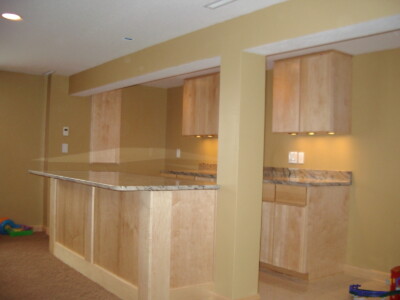 A basement mini-kitchen with light wood cabinets, granite countertops, and under-cabinet lighting. Carpeted floor visible.